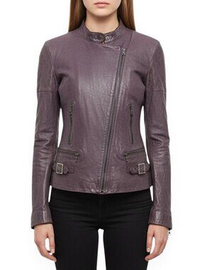 Resurrected 100% Leather Mauve Purple Gray Moto Jacket Rhinestone Trim Size L